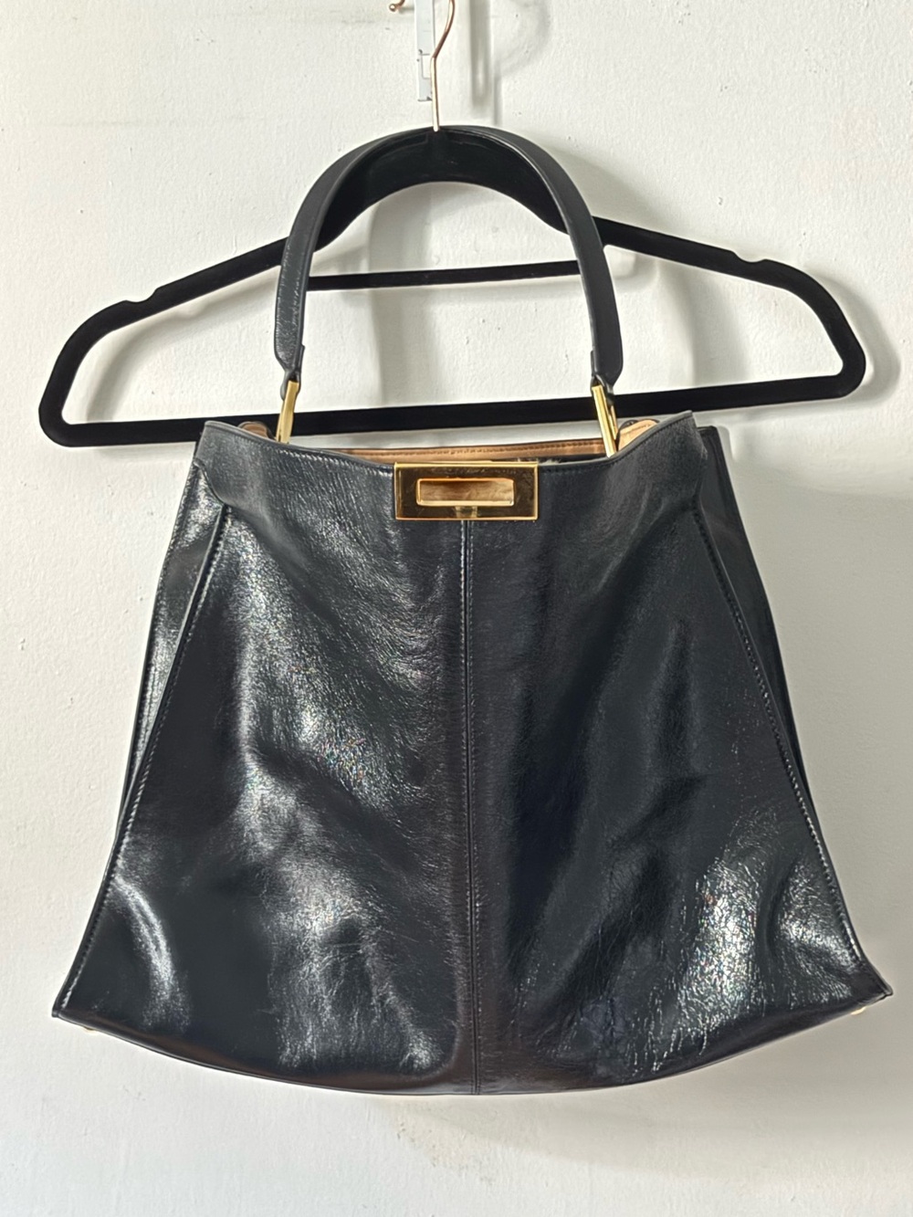 Fendi Peekaboo Medium Black Leather Fur Interior Gold Hardware Bag